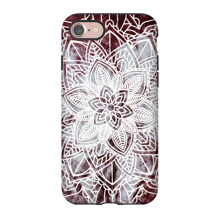 iPhone 7 StrongFit white line art floral mandala on burgundy marble by Oana 