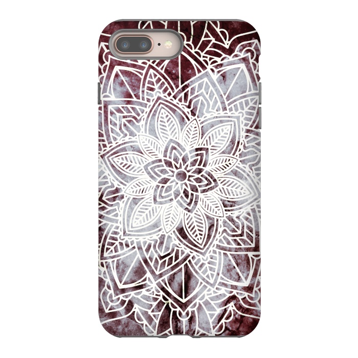 iPhone 7 plus StrongFit white line art floral mandala on burgundy marble by Oana 