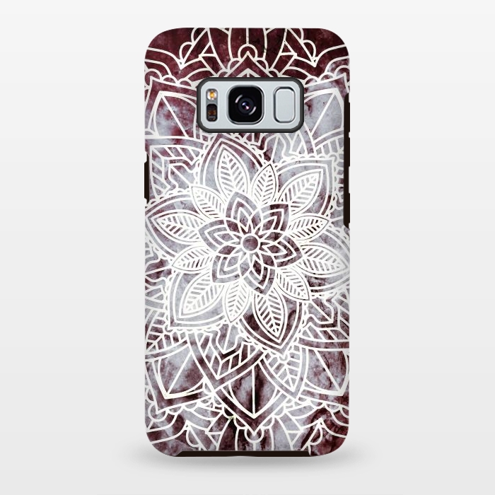 Galaxy S8 plus StrongFit white line art floral mandala on burgundy marble by Oana 