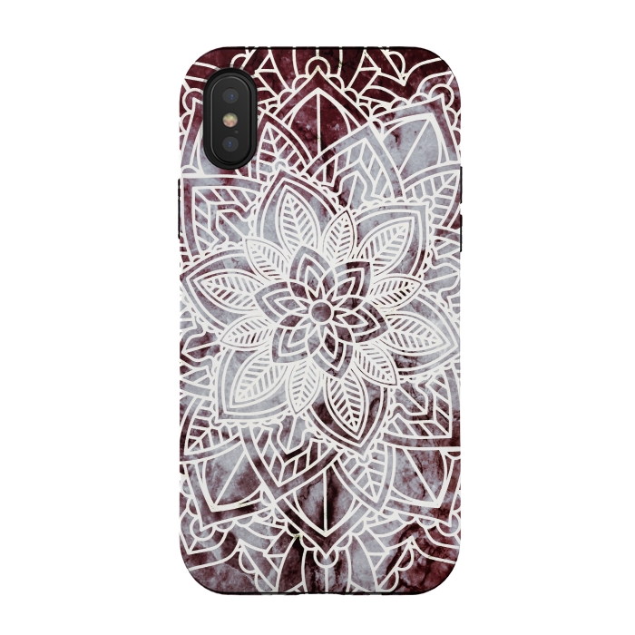 iPhone Xs / X StrongFit white line art floral mandala on burgundy marble by Oana 