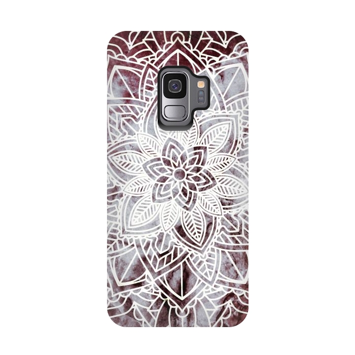 Galaxy S9 StrongFit white line art floral mandala on burgundy marble by Oana 