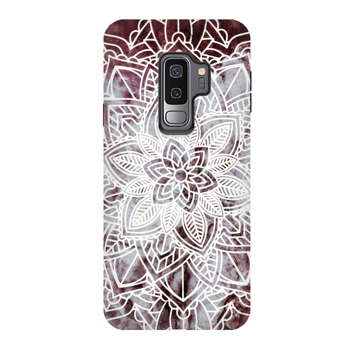 Galaxy S9 plus StrongFit white line art floral mandala on burgundy marble by Oana 