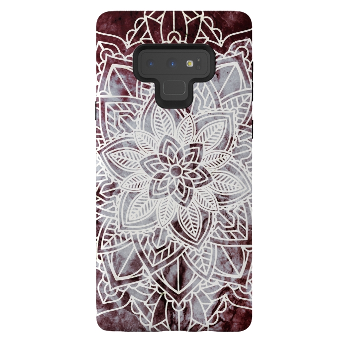 Galaxy Note 9 StrongFit white line art floral mandala on burgundy marble by Oana 