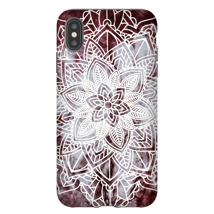 iPhone Xs Max StrongFit white line art floral mandala on burgundy marble by Oana 