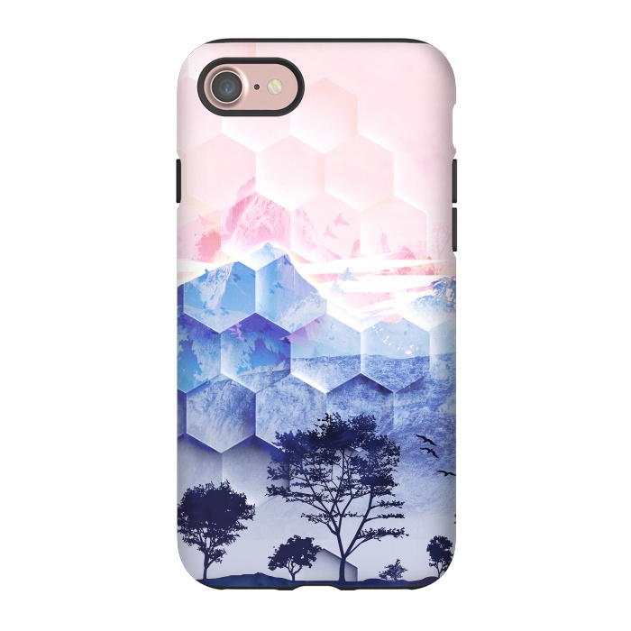 iPhone 7 StrongFit Pink blue geometric mountain utopic landscape and trees by Oana 