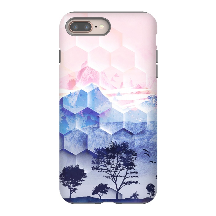 iPhone 7 plus StrongFit Pink blue geometric mountain utopic landscape and trees by Oana 