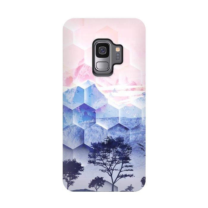 Galaxy S9 StrongFit Pink blue geometric mountain utopic landscape and trees by Oana 