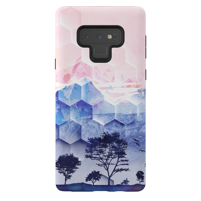 Galaxy Note 9 StrongFit Pink blue geometric mountain utopic landscape and trees by Oana 
