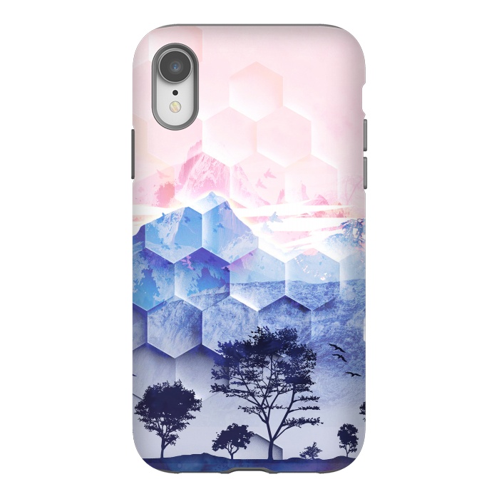 iPhone Xr StrongFit Pink blue geometric mountain utopic landscape and trees by Oana 