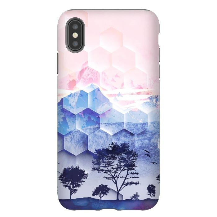 iPhone Xs Max StrongFit Pink blue geometric mountain utopic landscape and trees by Oana 