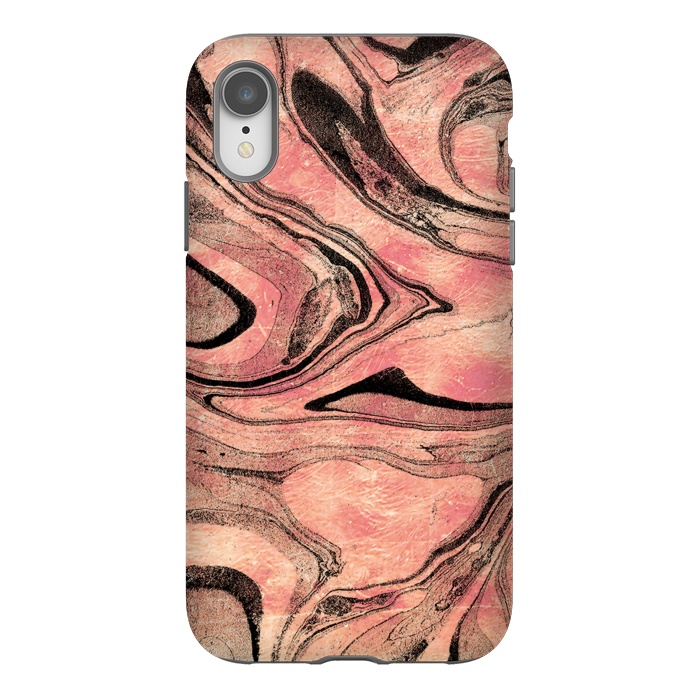 iPhone Xr StrongFit rose gold liquid marble with black lines by Oana 
