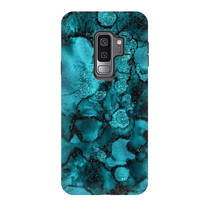 Galaxy S9 plus StrongFit Indigo and Ocean Green Marble with Black Glitter veins by  Utart