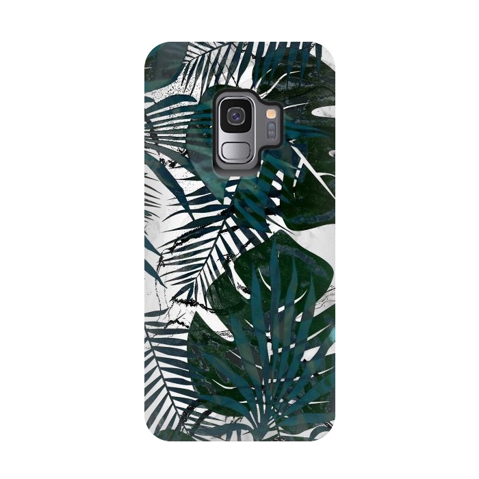Galaxy S9 StrongFit Dark green jungle leaves on white marble by Oana 