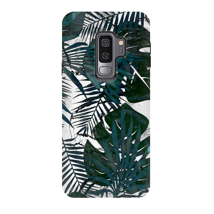 Galaxy S9 plus StrongFit Dark green jungle leaves on white marble by Oana 