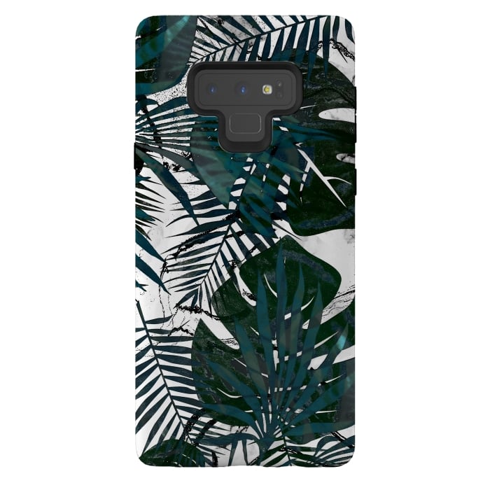 Galaxy Note 9 StrongFit Dark green jungle leaves on white marble by Oana 