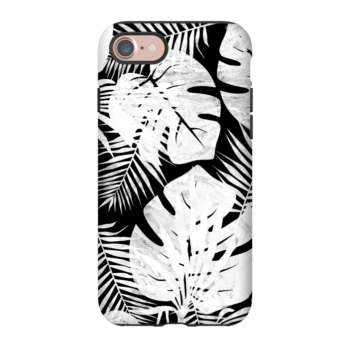 iPhone 7 StrongFit White textured jungle leaves on black backround by Oana 