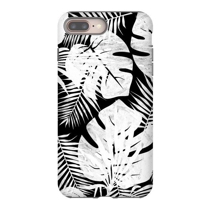 iPhone 7 plus StrongFit White textured jungle leaves on black backround by Oana 