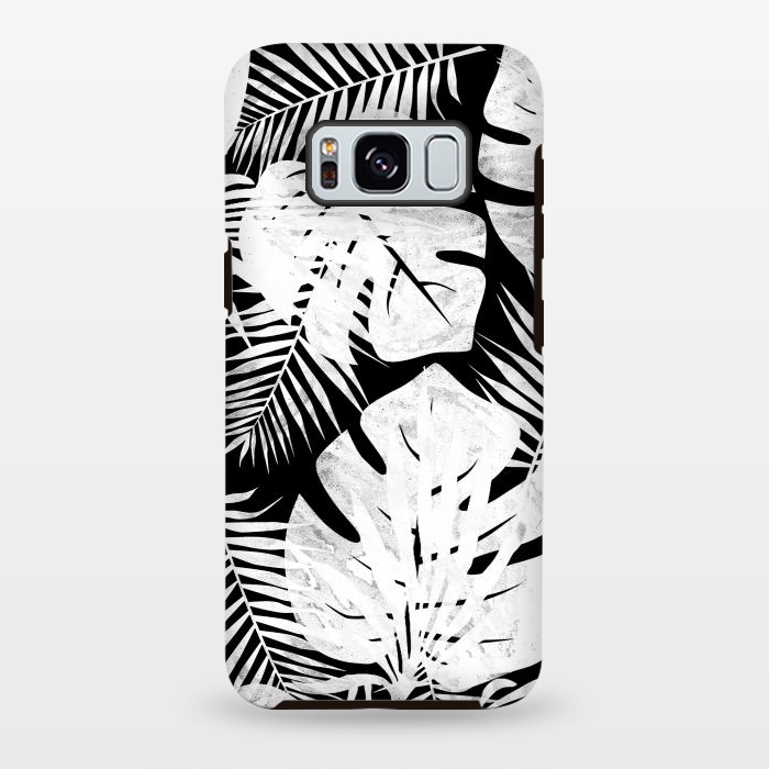 Galaxy S8 plus StrongFit White textured jungle leaves on black backround by Oana 