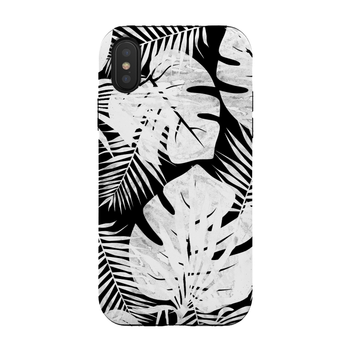 iPhone Xs / X StrongFit White textured jungle leaves on black backround by Oana 