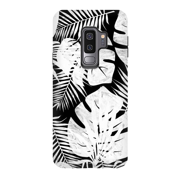 Galaxy S9 plus StrongFit White textured jungle leaves on black backround by Oana 