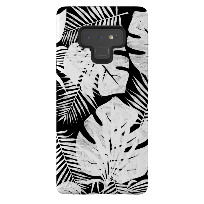 Galaxy Note 9 StrongFit White textured jungle leaves on black backround by Oana 