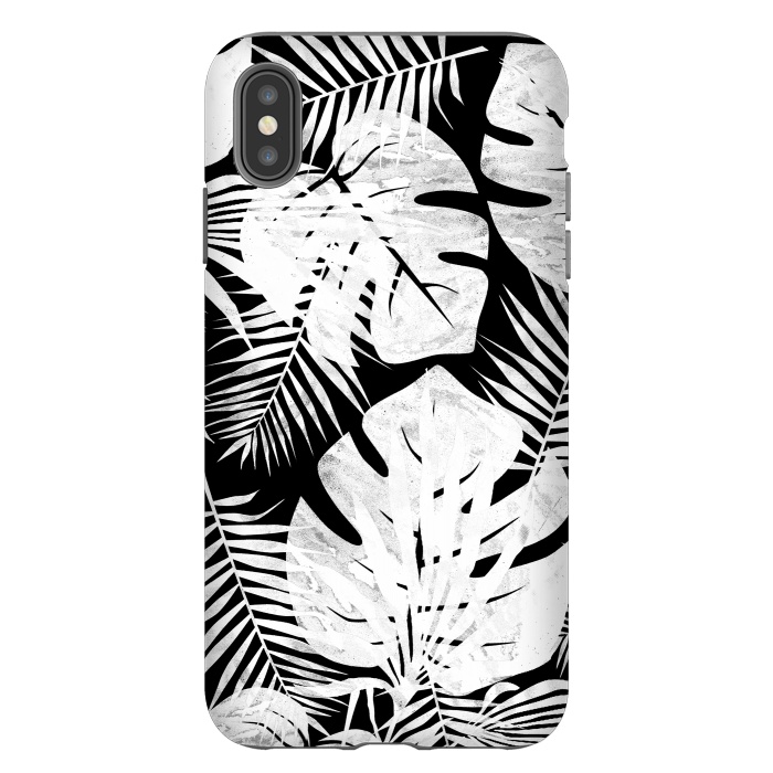 iPhone Xs Max StrongFit White textured jungle leaves on black backround by Oana 