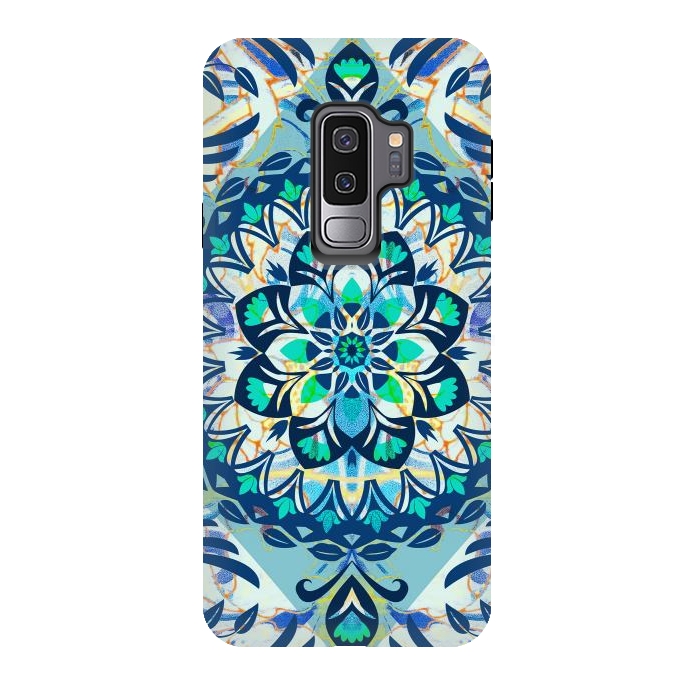 Galaxy S9 plus StrongFit Turquoise ethnic floral mandala by Oana 