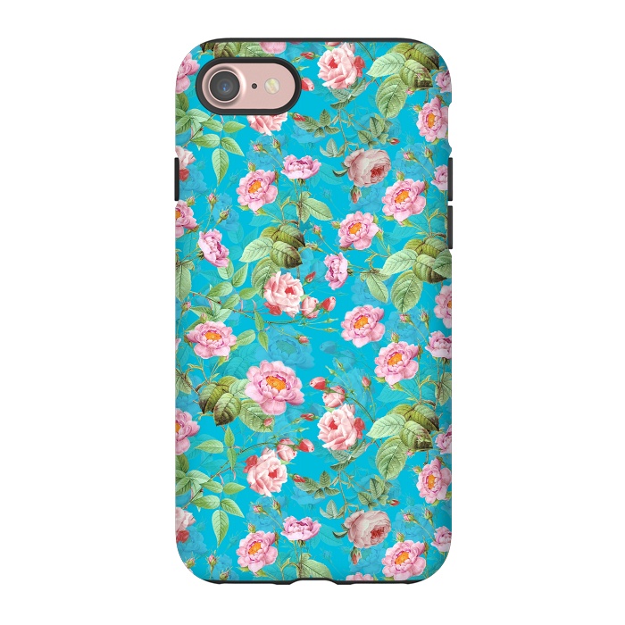 iPhone 7 StrongFit Blush Rose Garden on Teal - vintage flower drawing by  Utart