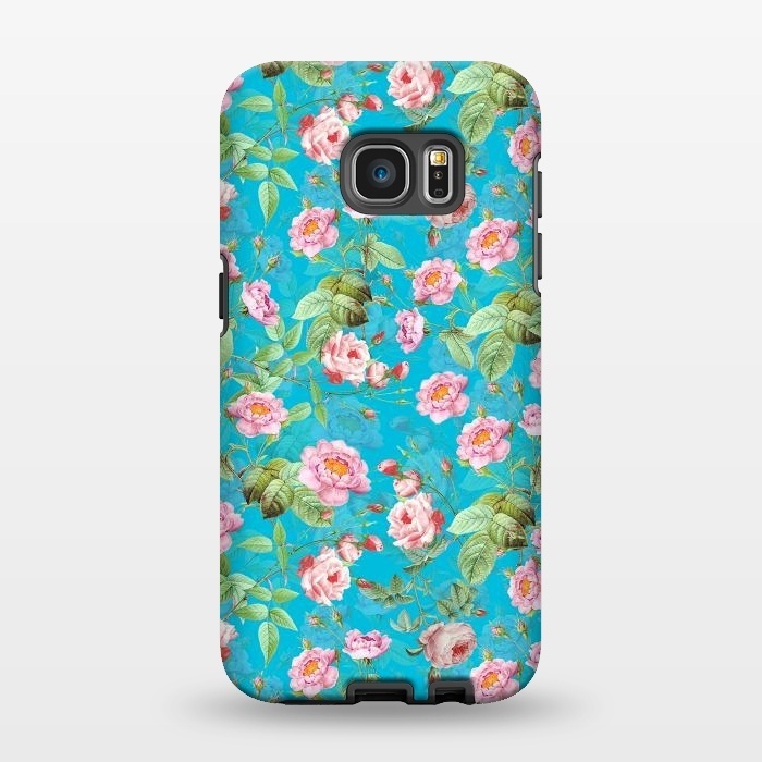Galaxy S7 EDGE StrongFit Blush Rose Garden on Teal - vintage flower drawing by  Utart