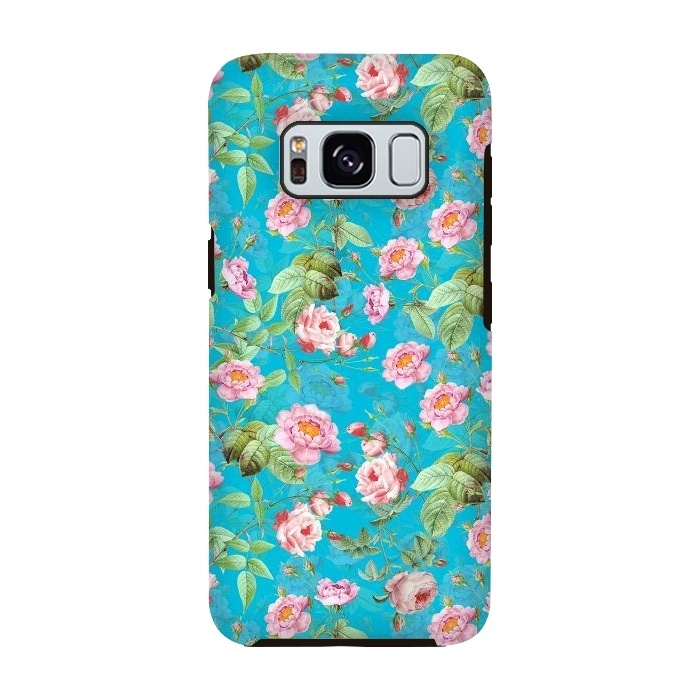 Galaxy S8 StrongFit Blush Rose Garden on Teal - vintage flower drawing by  Utart