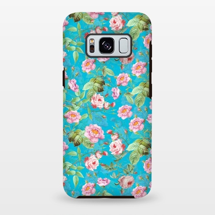 Galaxy S8 plus StrongFit Blush Rose Garden on Teal - vintage flower drawing by  Utart