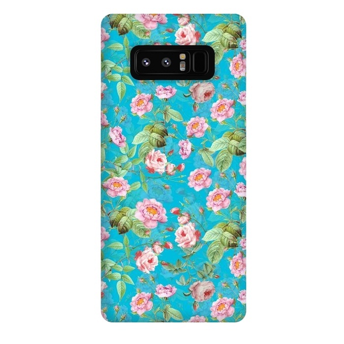 Galaxy Note 8 StrongFit Blush Rose Garden on Teal - vintage flower drawing by  Utart