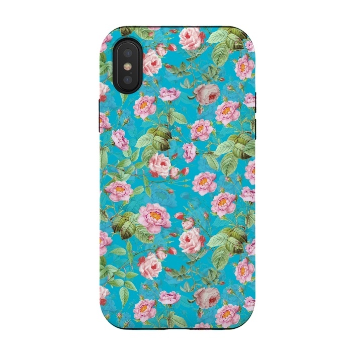 iPhone Xs / X StrongFit Blush Rose Garden on Teal - vintage flower drawing by  Utart