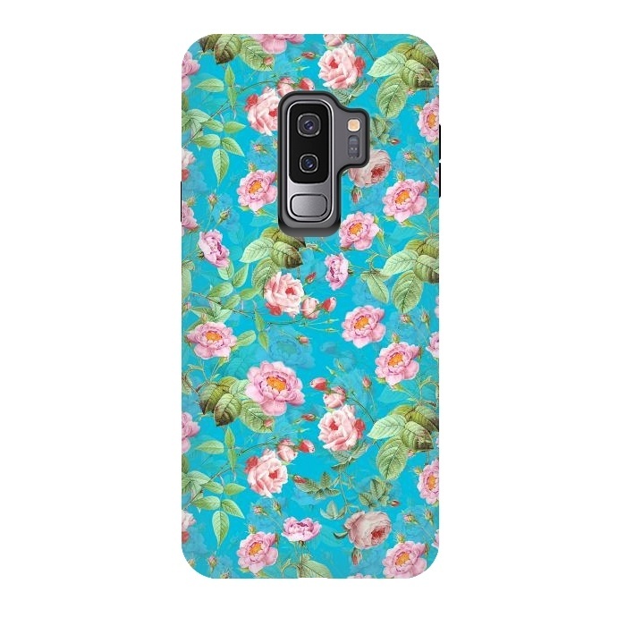 Galaxy S9 plus StrongFit Blush Rose Garden on Teal - vintage flower drawing by  Utart