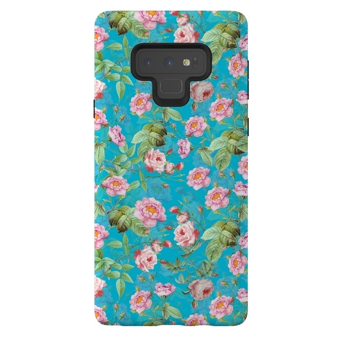 Galaxy Note 9 StrongFit Blush Rose Garden on Teal - vintage flower drawing by  Utart