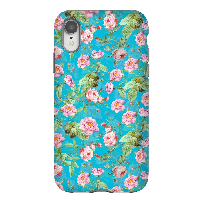 iPhone Xr StrongFit Blush Rose Garden on Teal - vintage flower drawing by  Utart