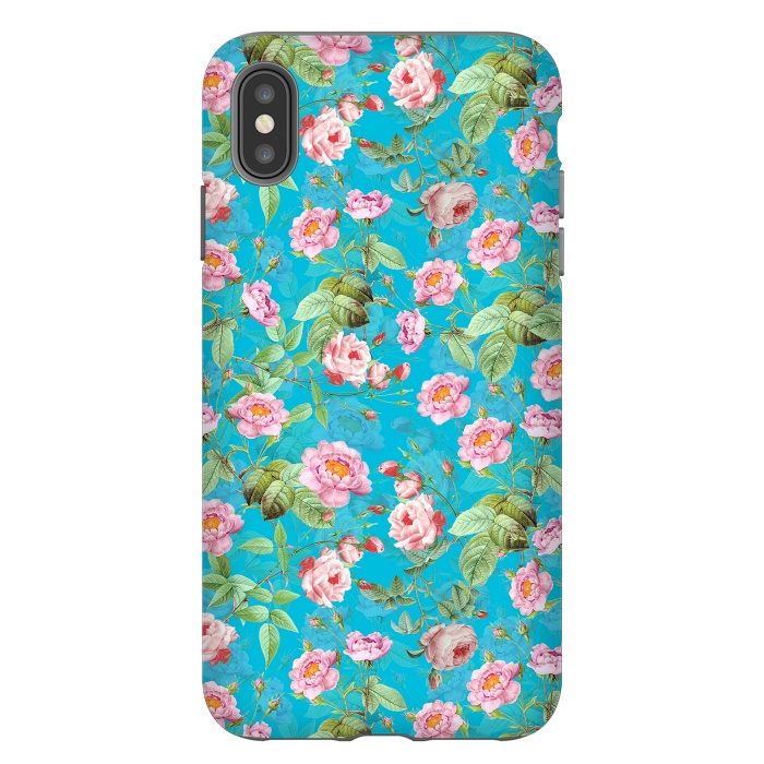 iPhone Xs Max StrongFit Blush Rose Garden on Teal - vintage flower drawing by  Utart