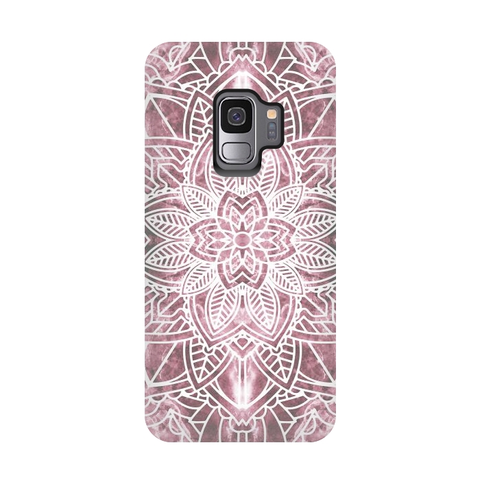 Galaxy S9 StrongFit White floral mandala petals on pink marble by Oana 