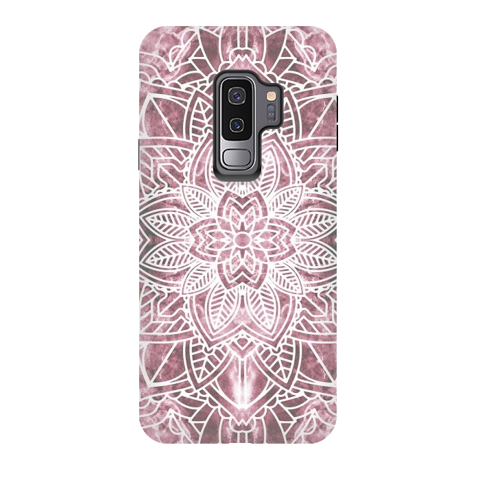 Galaxy S9 plus StrongFit White floral mandala petals on pink marble by Oana 