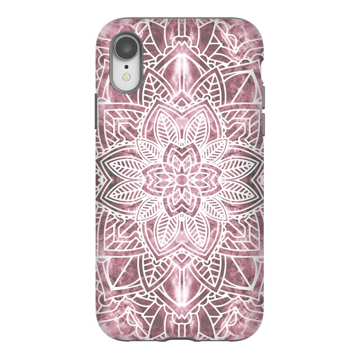 iPhone Xr StrongFit White floral mandala petals on pink marble by Oana 
