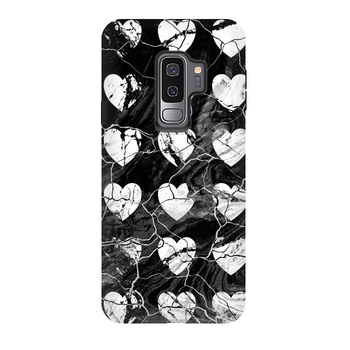 Galaxy S9 plus StrongFit Black and white marble hearts pattern by Oana 
