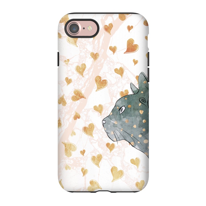 iPhone 7 StrongFit cute cat and golden hearts romantic pattern by Oana 