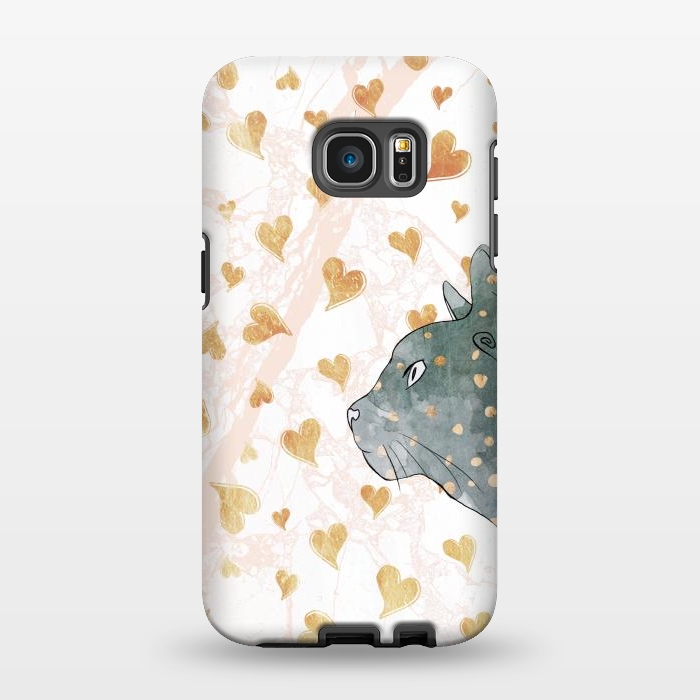 Galaxy S7 EDGE StrongFit cute cat and golden hearts romantic pattern by Oana 
