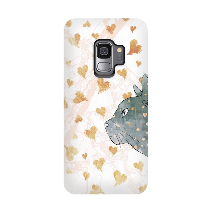 Galaxy S9 StrongFit cute cat and golden hearts romantic pattern by Oana 