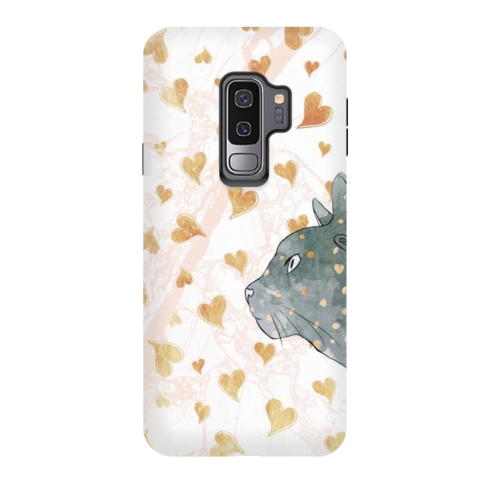 Galaxy S9 plus StrongFit cute cat and golden hearts romantic pattern by Oana 
