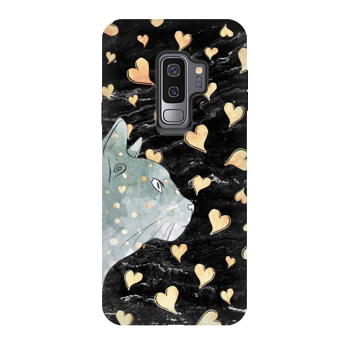 Galaxy S9 plus StrongFit cute cat and golden hearts  by Oana 