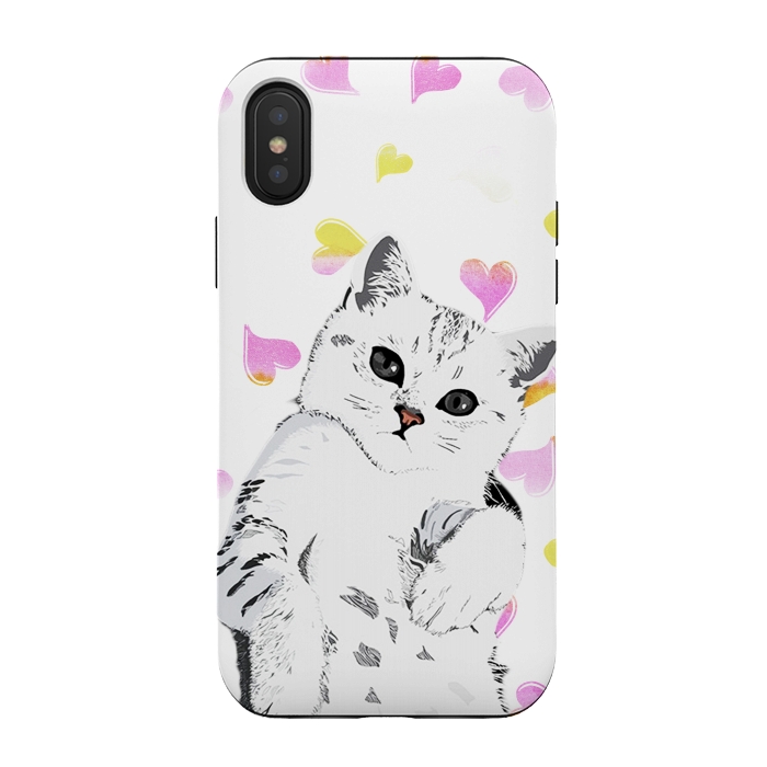 iPhone Xs / X StrongFit Cute white kitten and watercolor hearts by Oana 