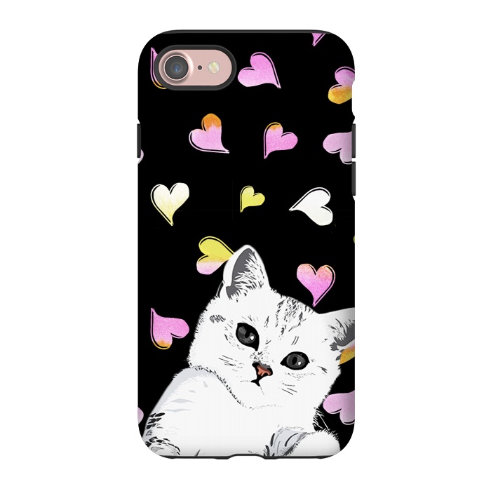 iPhone 7 StrongFit Playful white kitten and watercolor hearts by Oana 