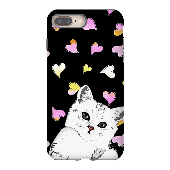 iPhone 7 plus StrongFit Playful white kitten and watercolor hearts by Oana 