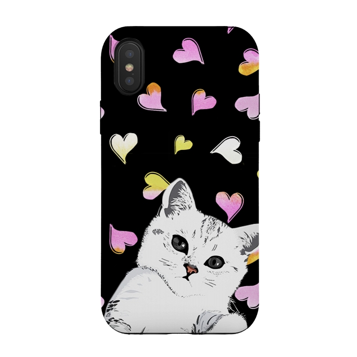iPhone Xs / X StrongFit Playful white kitten and watercolor hearts by Oana 